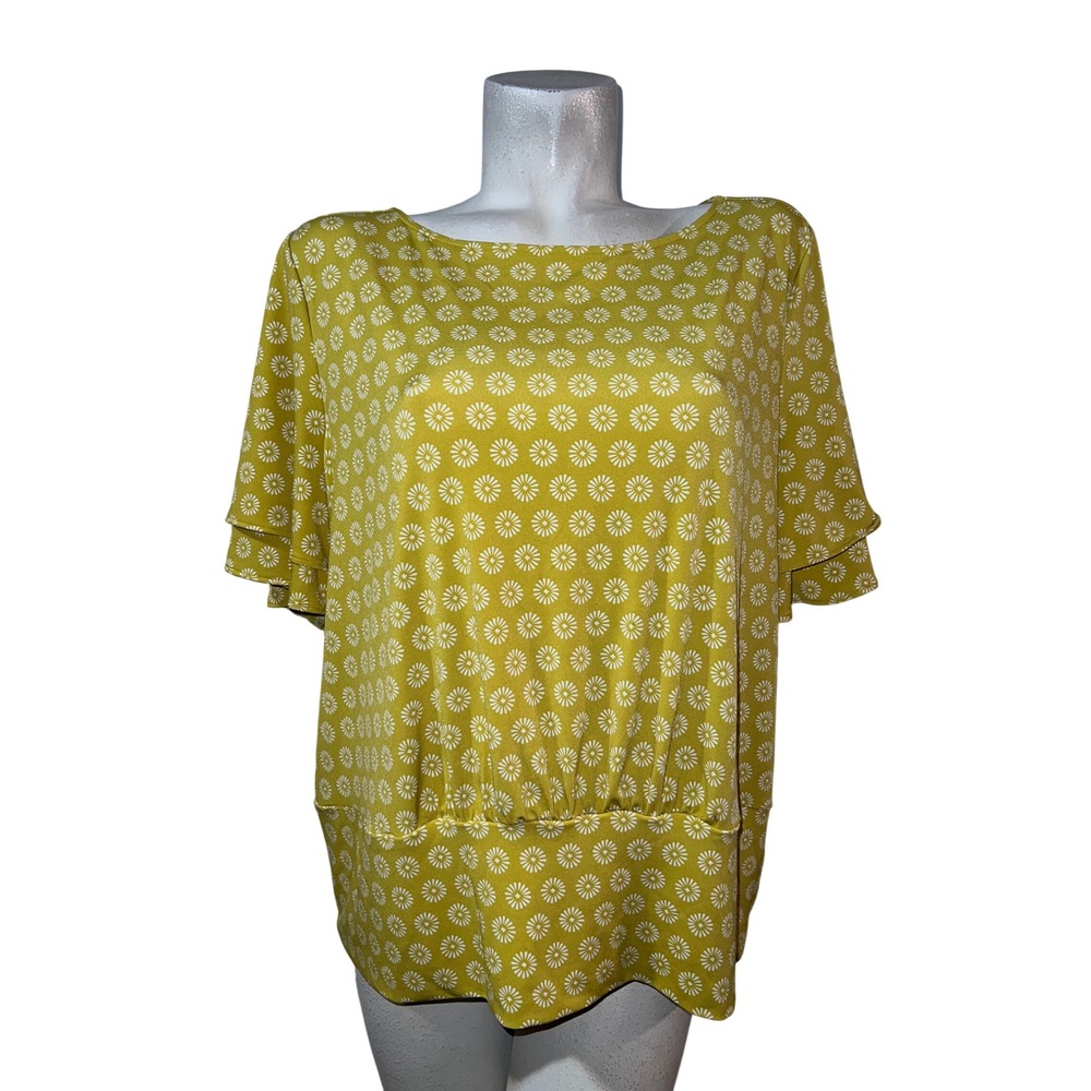Ann Taylor Factory Top Yellow Daisy Floral Flutter Sleeve Blouse XL Boat Neck
